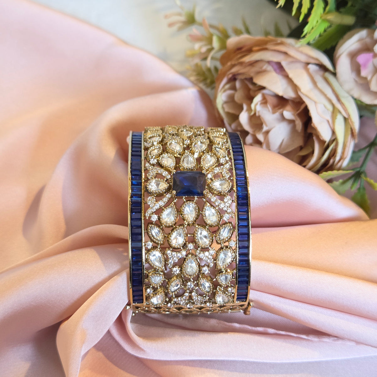 Royal Sapphire and Kundan Floral Statement Cuff Bracelet