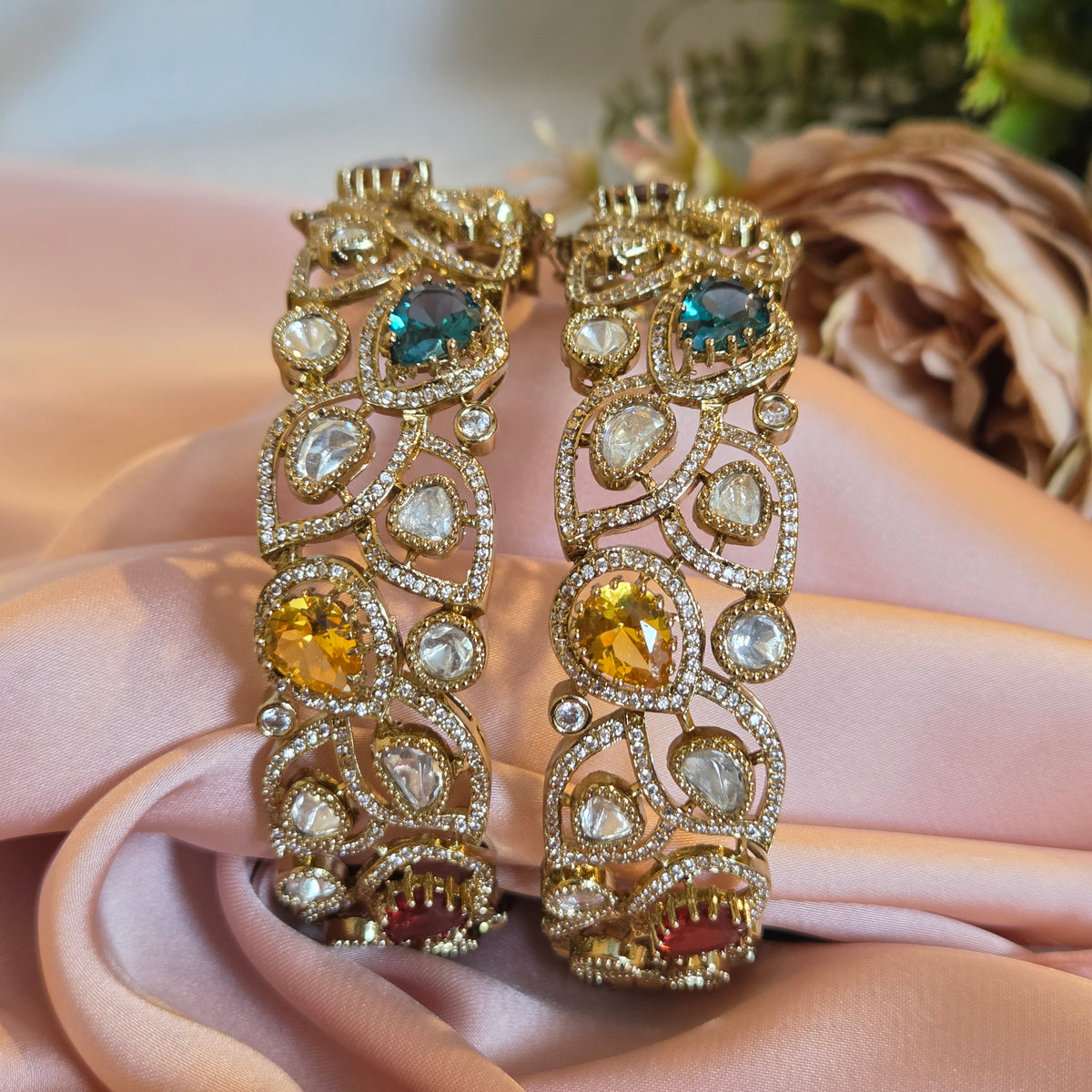 Multicolor Gemstone Kundan Leaf Bangle Set