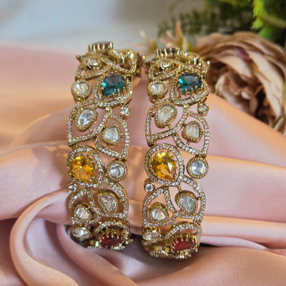 Multicolor Gemstone Kundan Leaf Bangle Set
