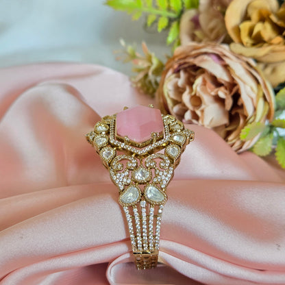Hexagonal Pink Stone Kundan Style Statement Cuff