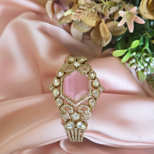 Hexagonal Pink Stone Kundan Style Statement Cuff