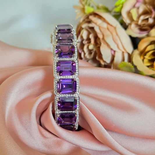 Emerald-Cut Amethyst Purple Crystal Halo Tennis Bracelet