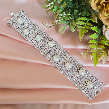 Ornate Pearl and Crystal Statement Cuff Bracelet