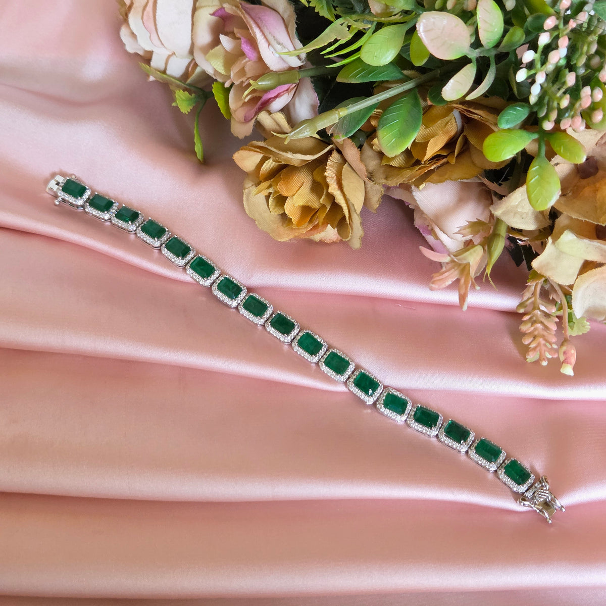 Emerald-Cut Green Crystal Halo Tennis Bracelet