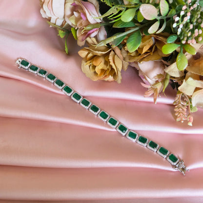 Emerald-Cut Green Crystal Halo Tennis Bracelet