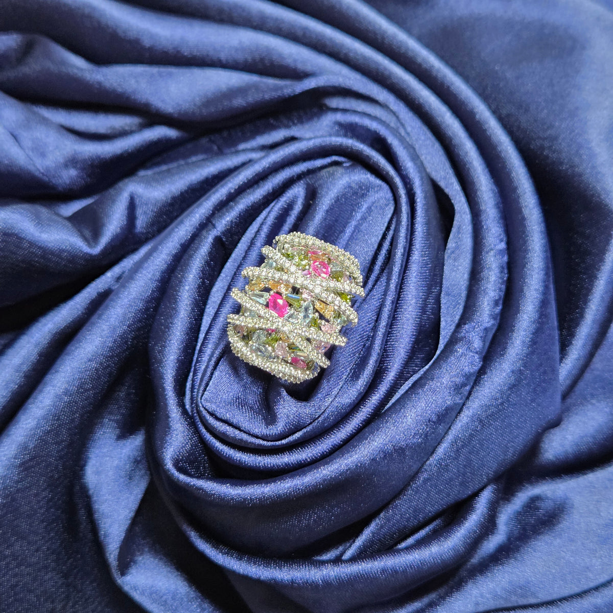 Multicolor Gemstone Criss-Cross Statement Ring