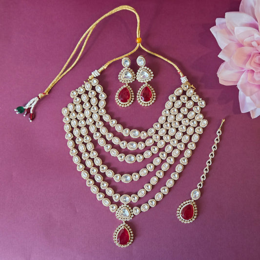 Red Quartz & Kundan Multi-Layered Necklace Set with Earrings and Maang Tikka