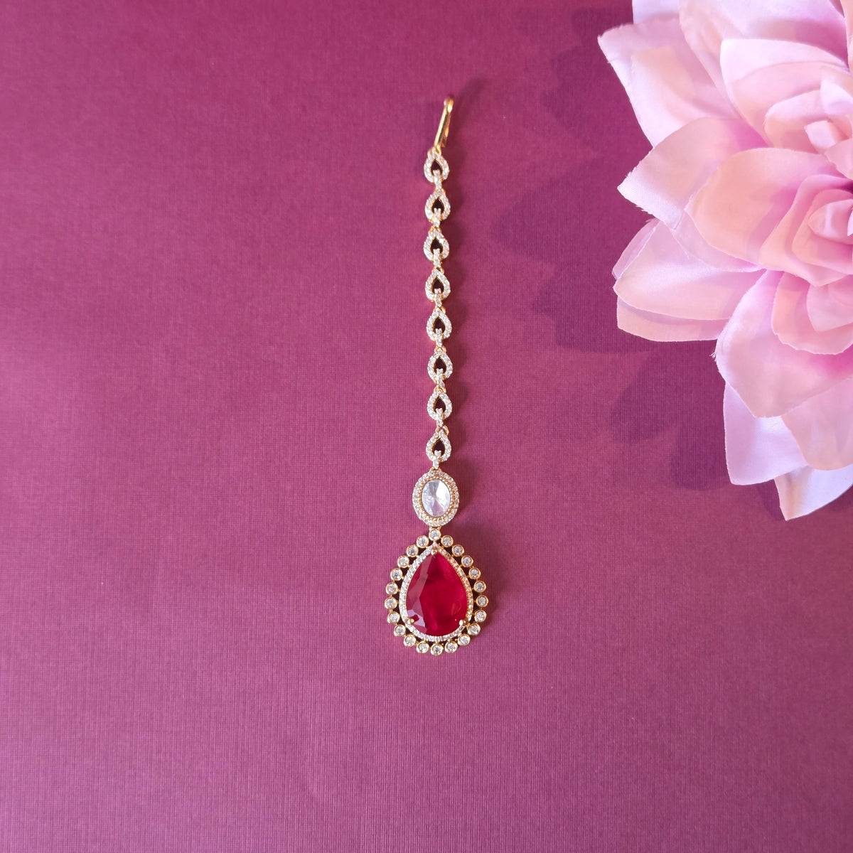 Red Quartz & Kundan Multi-Layered Necklace Set with Earrings and Maang Tikka