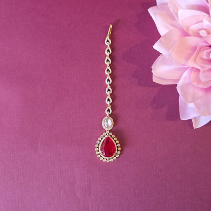 Red Quartz & Kundan Multi-Layered Necklace Set with Earrings and Maang Tikka