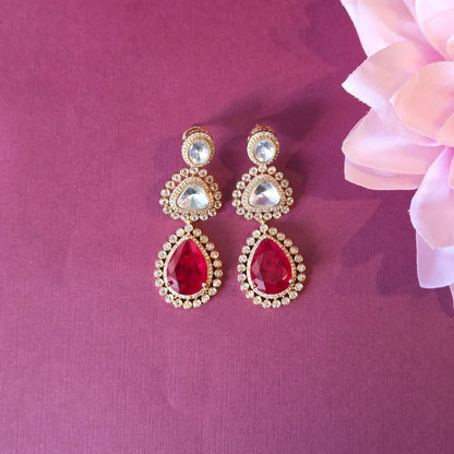 Red Quartz & Kundan Multi-Layered Necklace Set with Earrings and Maang Tikka
