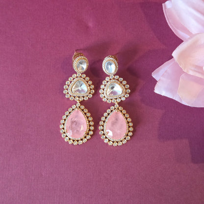 Blush Pink Quartz & Kundan Multi-Layered Necklace Set with Earrings and Maang Tikka