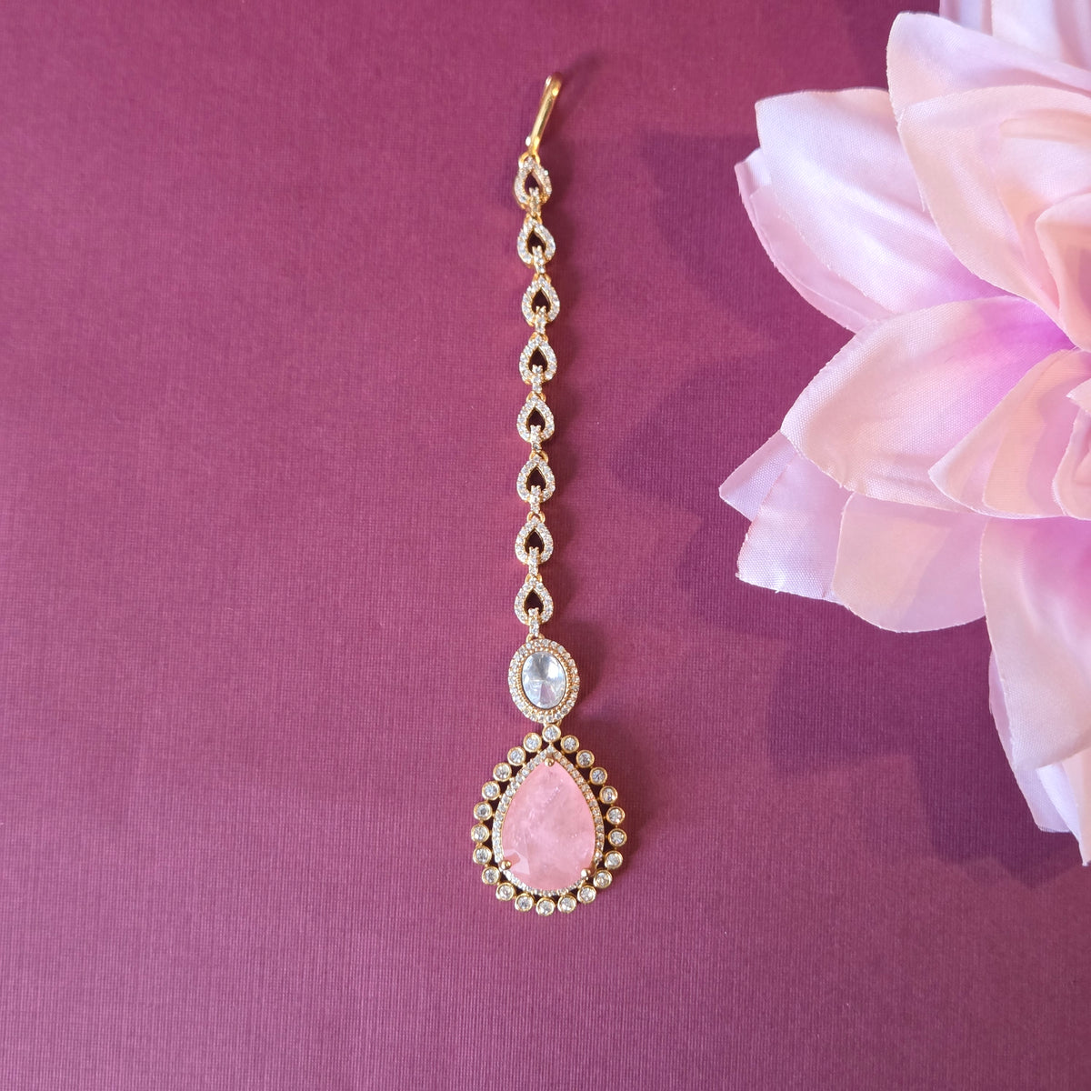 Blush Pink Quartz & Kundan Multi-Layered Necklace Set with Earrings and Maang Tikka