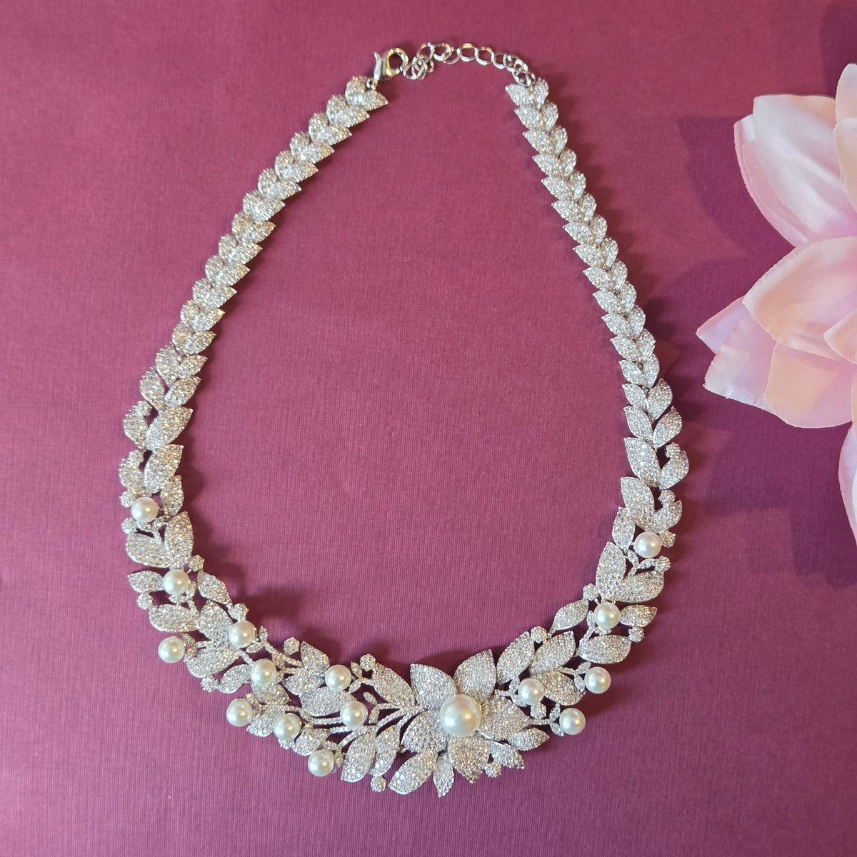 Pearl & Cubic Zirconia Floral Vine Statement Necklace Set