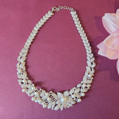 Pearl & Cubic Zirconia Floral Vine Statement Necklace Set