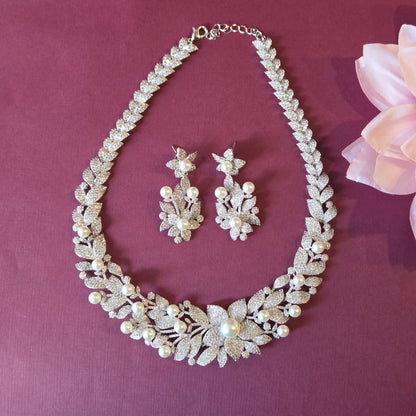 Pearl & Cubic Zirconia Floral Vine Statement Necklace Set