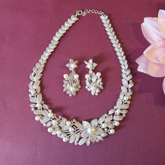 Pearl & Cubic Zirconia Floral Vine Statement Necklace Set