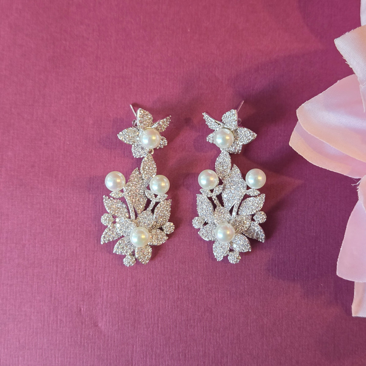 Pearl & Cubic Zirconia Floral Vine Statement Necklace Set