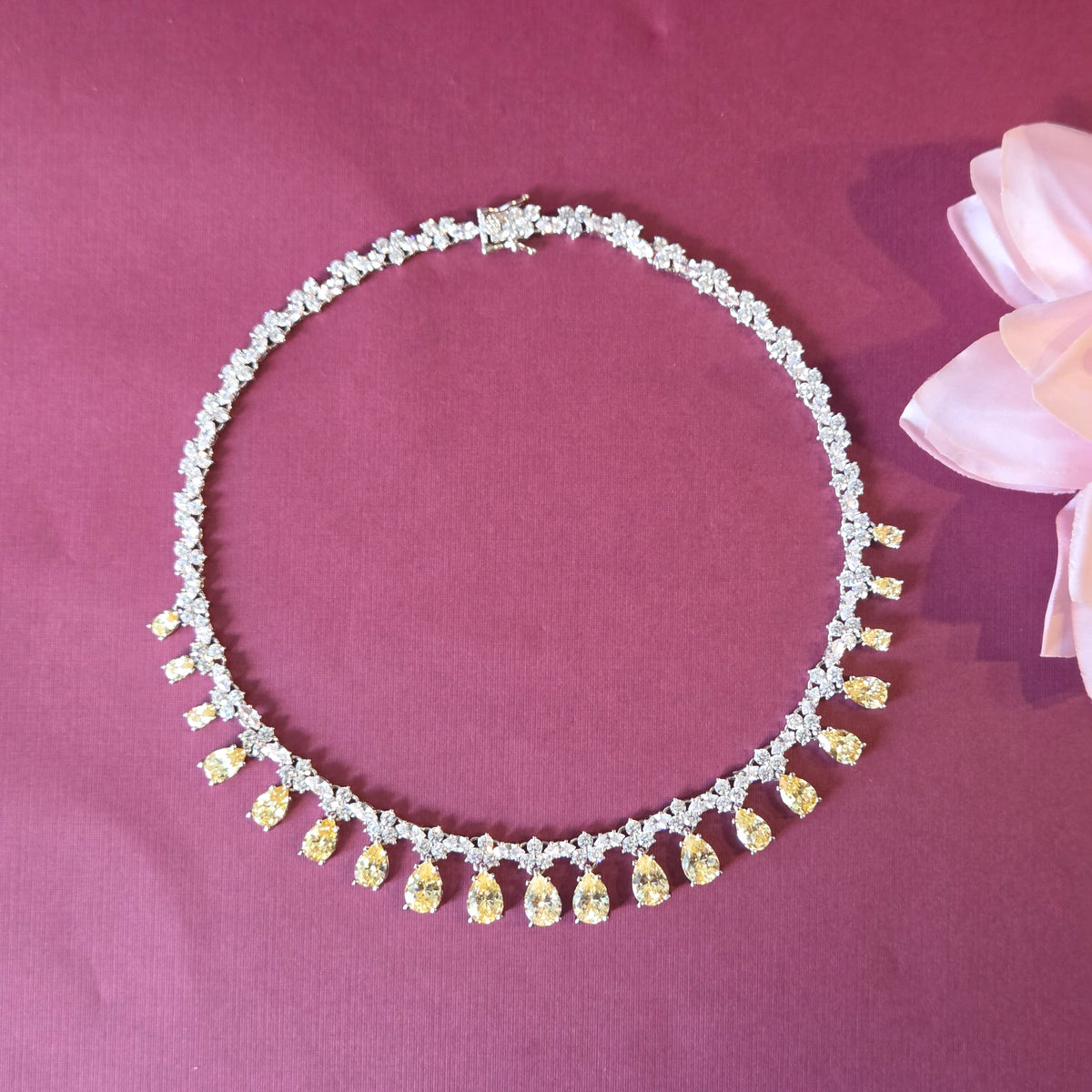Canary Yellow & Cubic Zirconia Teardrop Necklace Set with Matching Drop Earrings