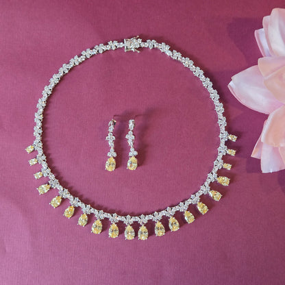 Canary Yellow & Cubic Zirconia Teardrop Necklace Set with Matching Drop Earrings