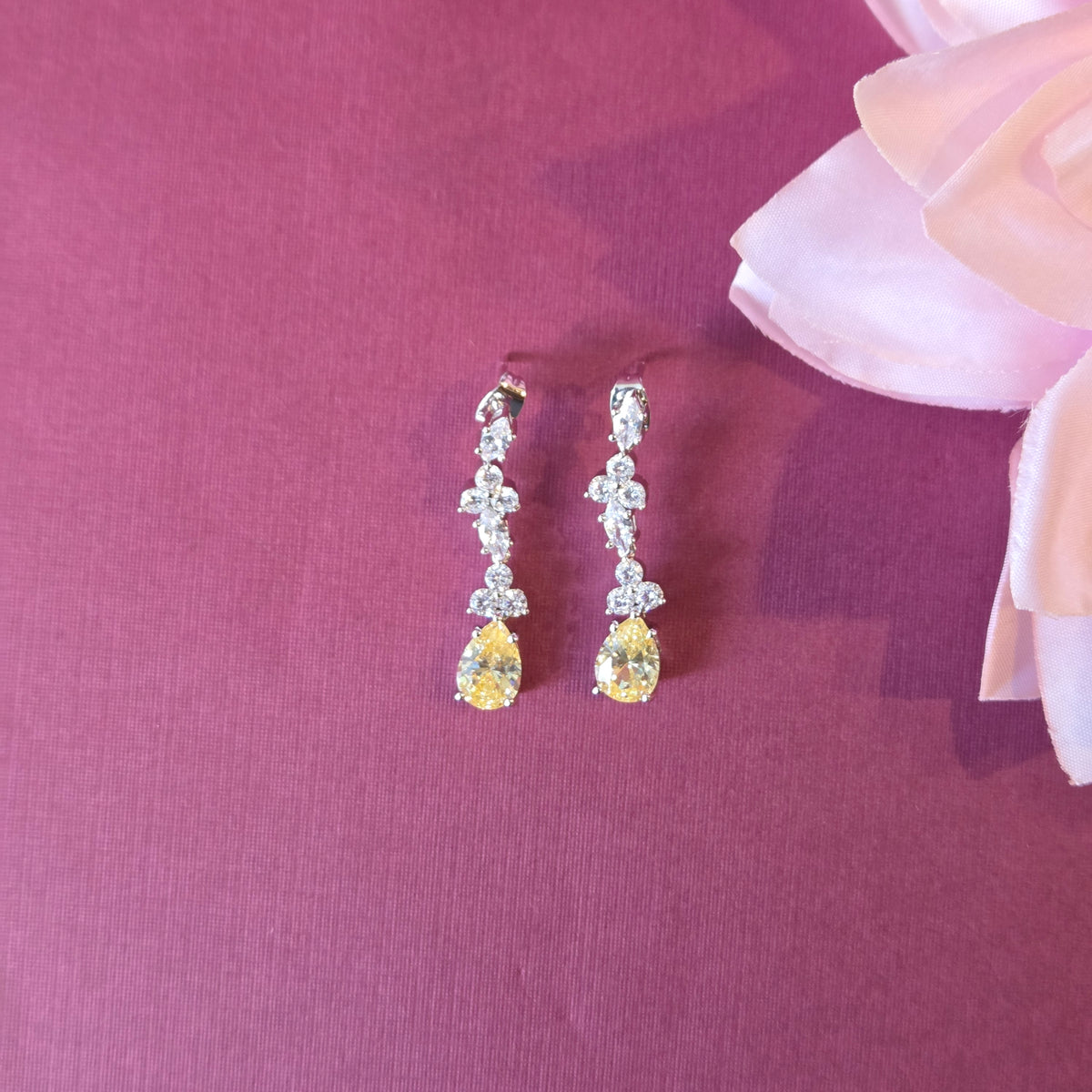 Canary Yellow & Cubic Zirconia Teardrop Necklace Set with Matching Drop Earrings