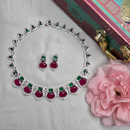 Ruby Red & Emerald Green Cubic Zirconia Statement Choker Set with Earrings