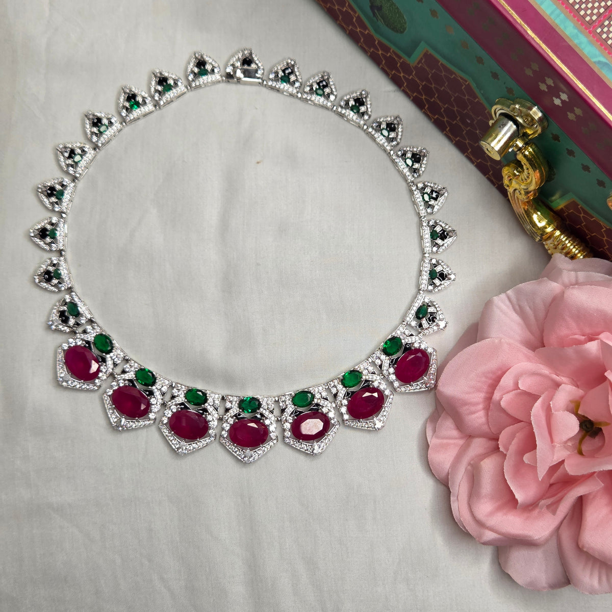 Ruby Red & Emerald Green Cubic Zirconia Statement Choker Set with Earrings