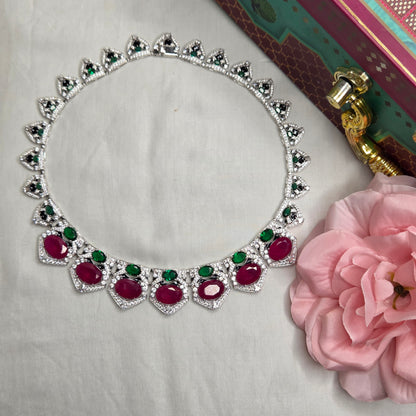 Ruby Red & Emerald Green Cubic Zirconia Statement Choker Set with Earrings