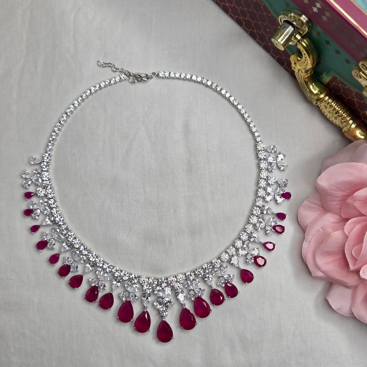 Ruby Red & Cubic Zirconia Floral Necklace Set
