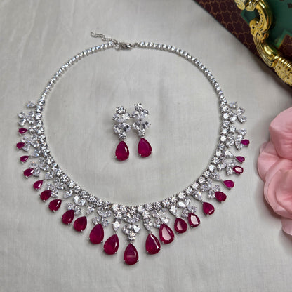 Ruby Red & Cubic Zirconia Floral Necklace Set