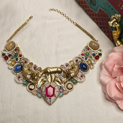 Navratna & Leopard Motif Gold-Toned Statement Necklace Set
