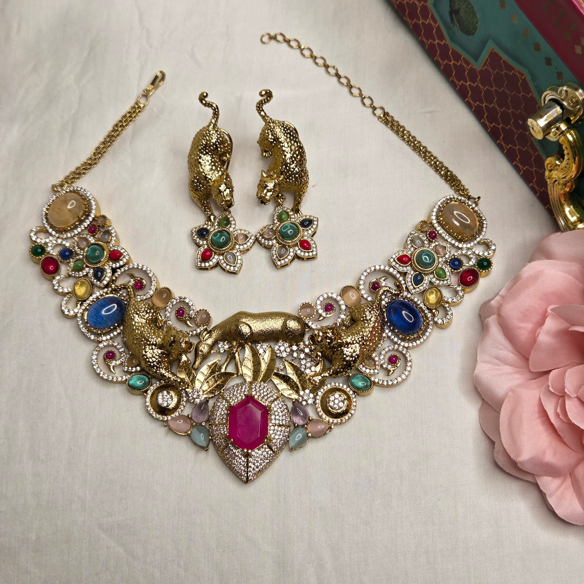 Navratna & Leopard Motif Gold-Toned Statement Necklace Set