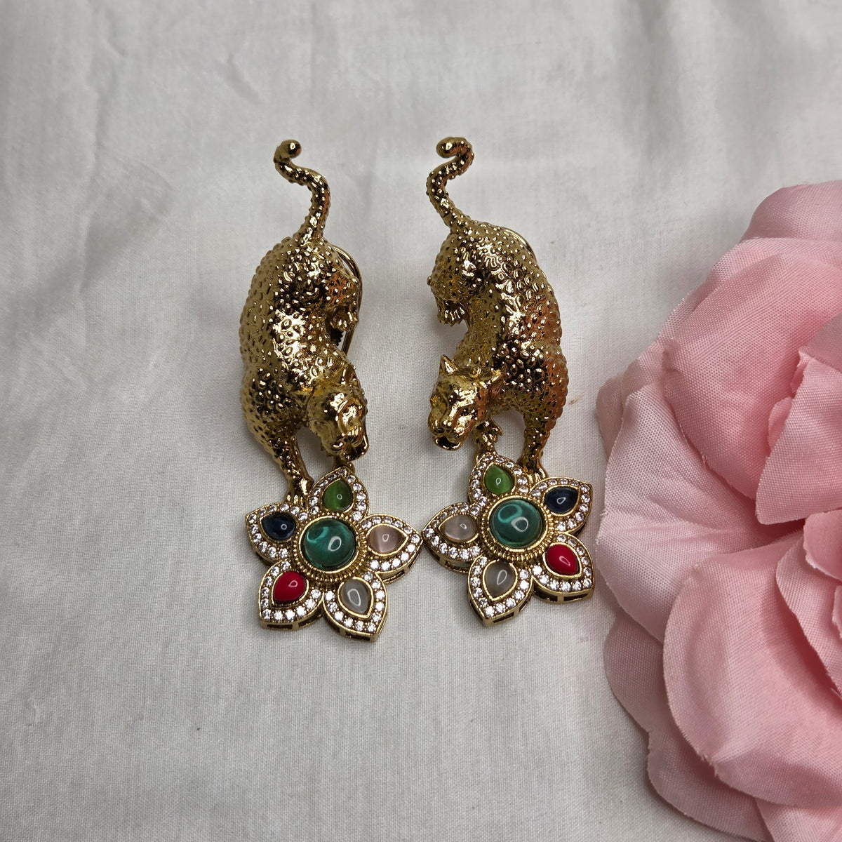 Navratna & Leopard Motif Gold-Toned Statement Necklace Set