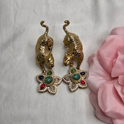 Navratna & Leopard Motif Gold-Toned Statement Necklace Set