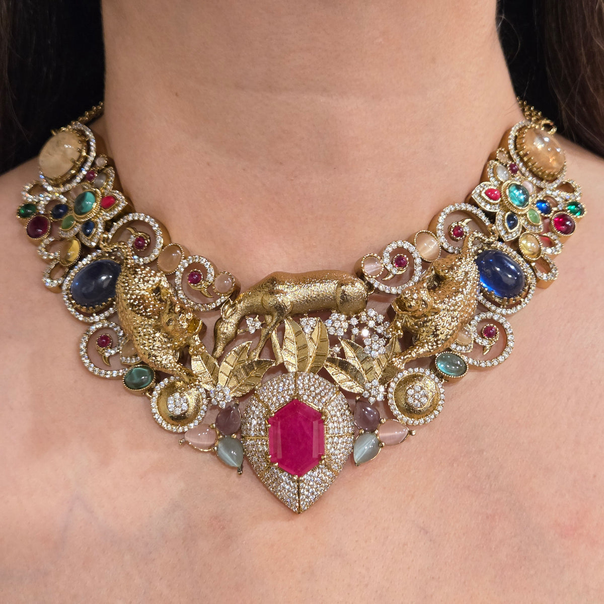 Navratna & Leopard Motif Gold-Toned Statement Necklace Set