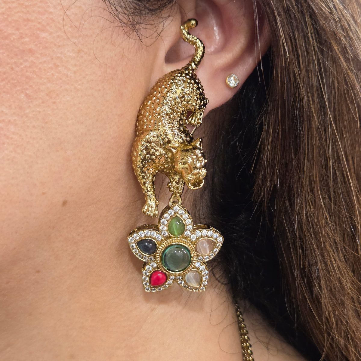 Navratna & Leopard Motif Gold-Toned Statement Necklace Set