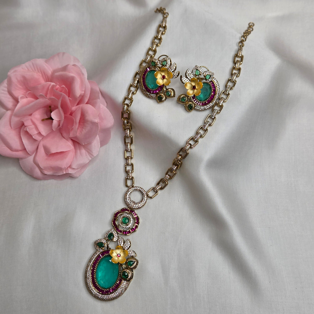Gold-Toned Emerald & Ruby Floral Statement Pendant Chain Set with Matching Earrings