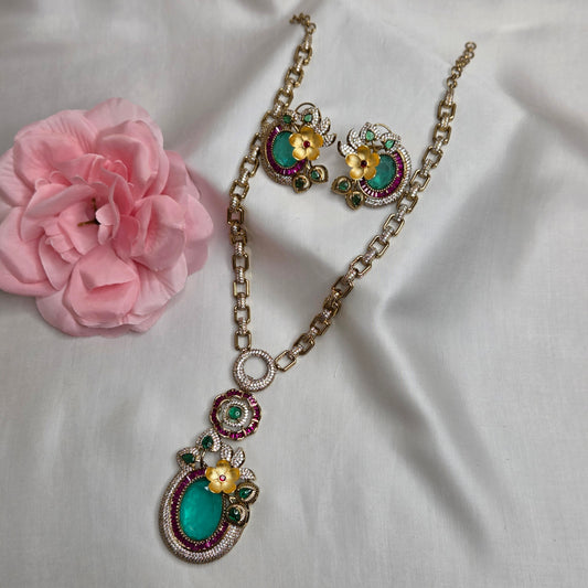 Gold-Toned Emerald & Ruby Floral Statement Pendant Chain Set with Matching Earrings