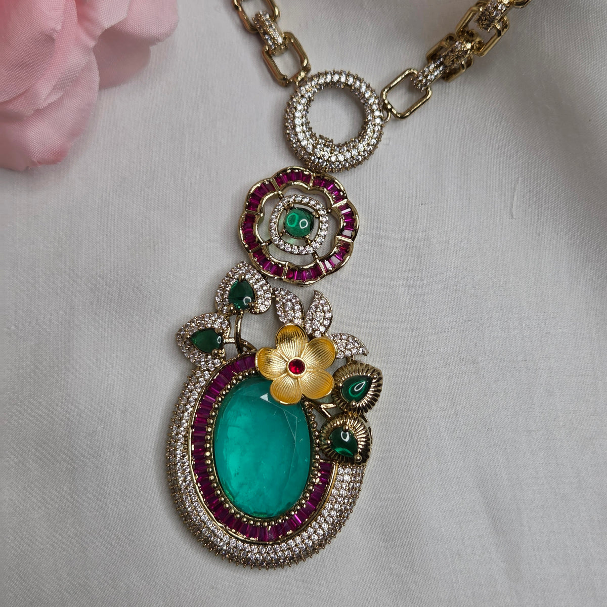 Gold-Toned Emerald & Ruby Floral Statement Pendant Chain Set with Matching Earrings