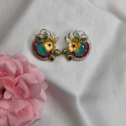 Gold-Toned Emerald & Ruby Floral Statement Pendant Chain Set with Matching Earrings