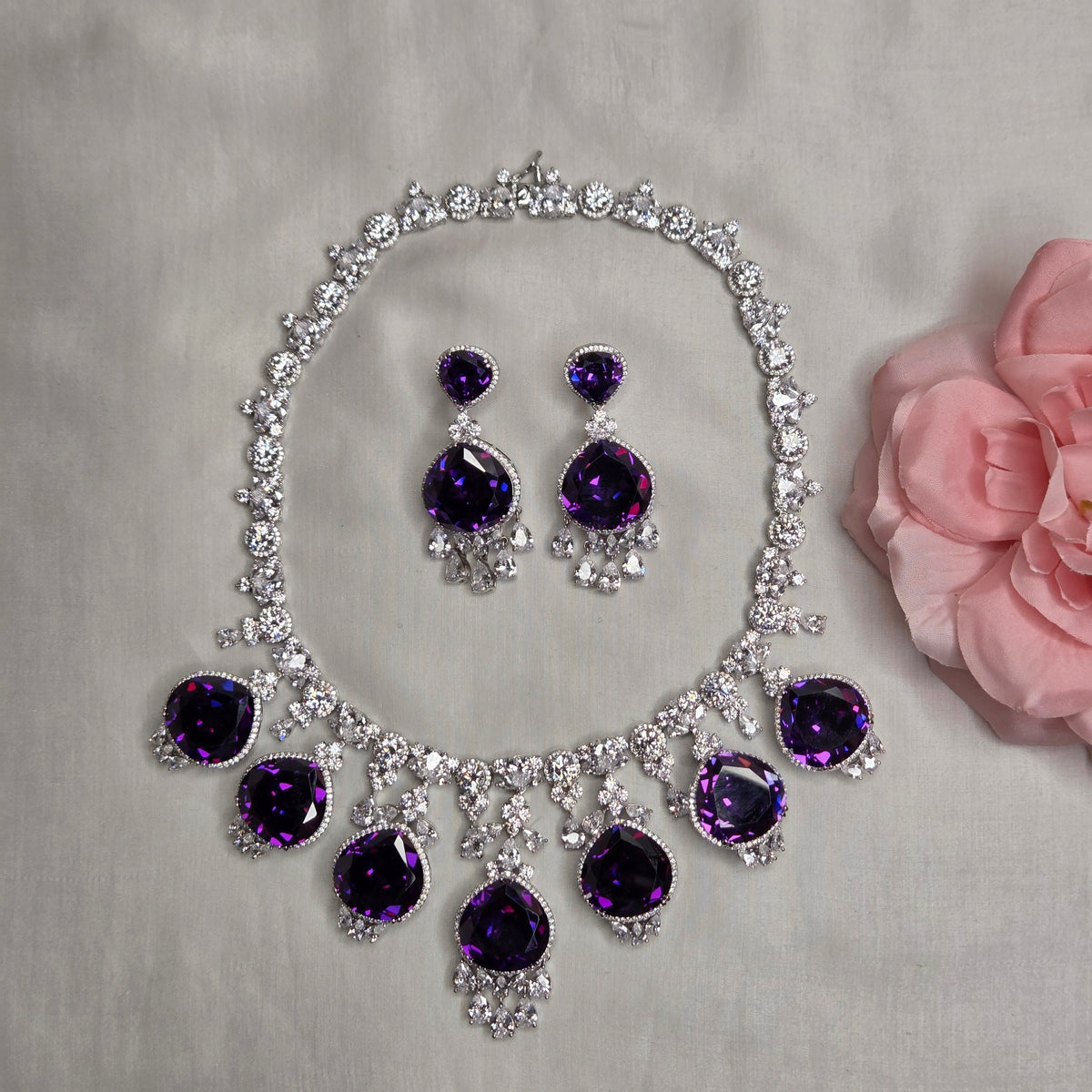 Royal Amethyst Purple & Cubic Zirconia Statement Necklace Set