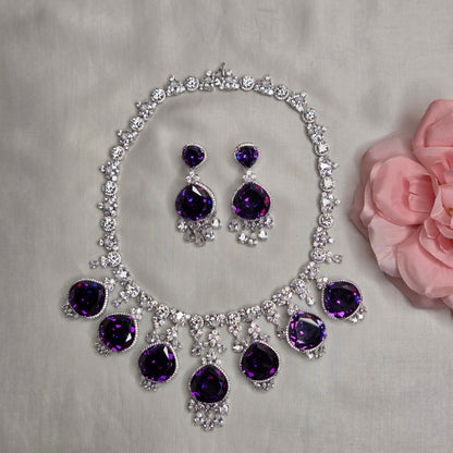 Royal Amethyst Purple & Cubic Zirconia Statement Necklace Set