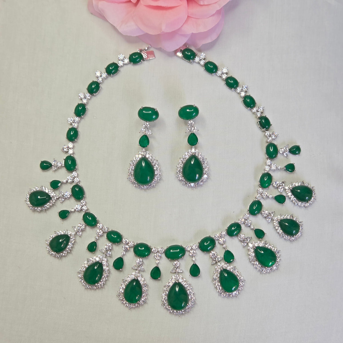 Emerald Green Cabochon & Cubic Zirconia Statement Necklace Set
