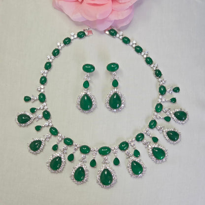 Emerald Green Cabochon & Cubic Zirconia Statement Necklace Set