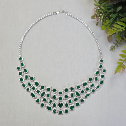 Luxurious Emerald Green & Cubic Zirconia Statement Necklace Set with Drop Earrings