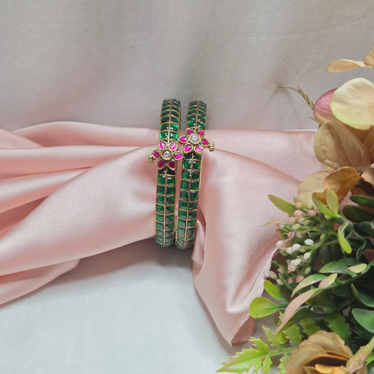 Green & Rani Pink Floral Bangles