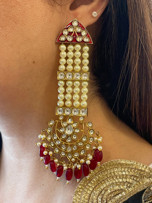 Long Pearl Earrings with Kundan Accented by Red Beads