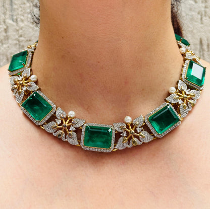 Zircon and Synthetic Emerald Doublet Chunky Necklace Set