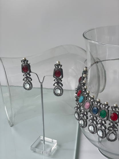 Black Rhodium Finish Multi Stone Necklace Set