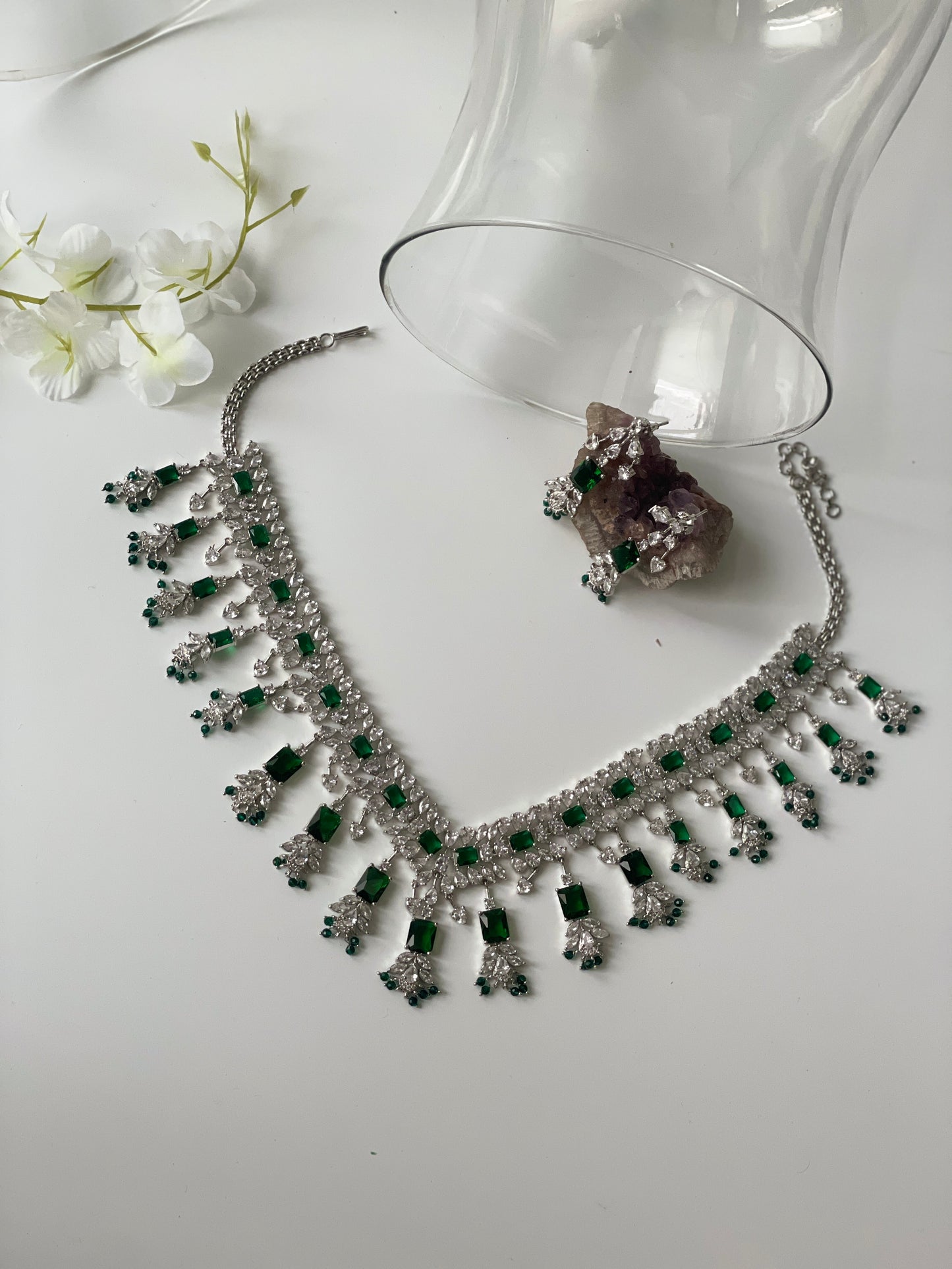 Zircon V Neck Choker with Earrings and Green StonesStudio6Jewels