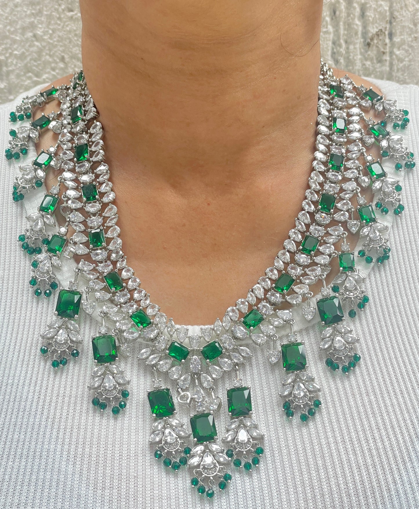 Zircon V Neck Choker with Earrings and Green Stones